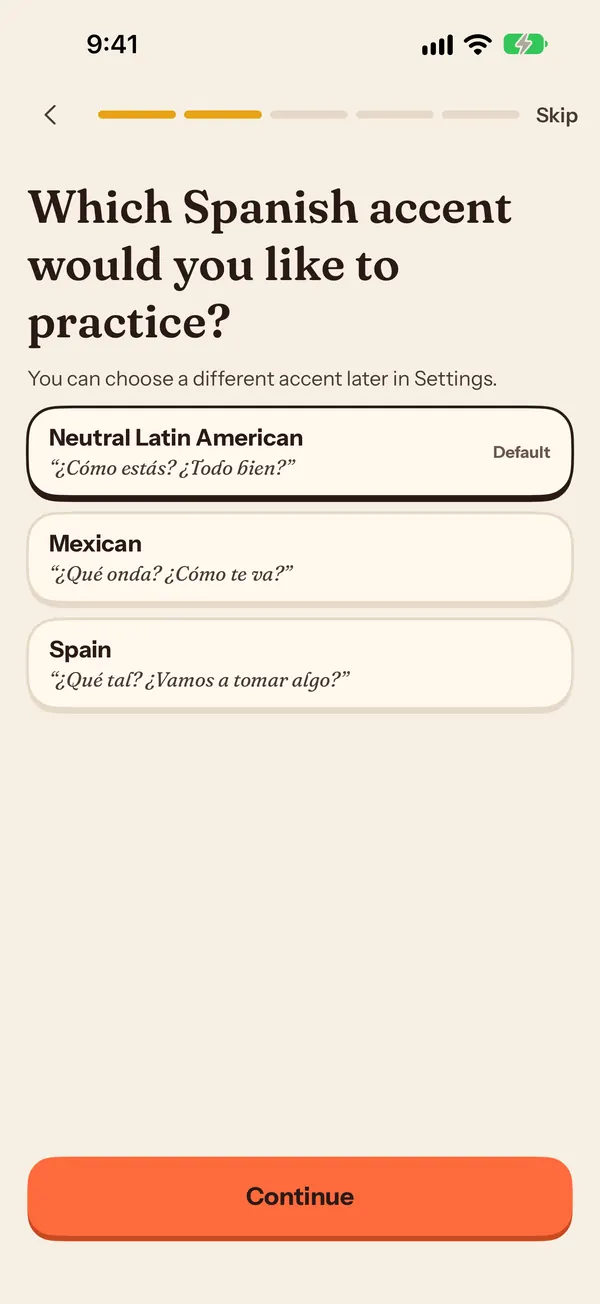Soltura onboarding screen asking which Spanish accent to practice: neutral Latin American, Mexican or Spain Spanish.