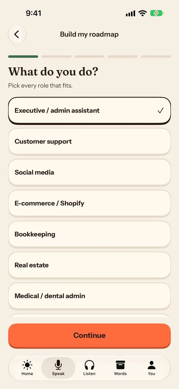 Soltura’s Ruta VA setup screen asking “What do you do?”, with roles such as executive or admin assistant, customer support, social media, e-commerce, bookkeeping, real estate and medical or dental admin.