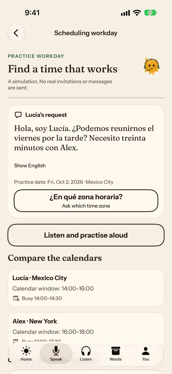 Soltura scheduling workday: Lucía asks in Spanish for a 30-minute meeting on Friday afternoon, with a button to ask “¿En qué zona horaria?” and calendars for Mexico City and New York.