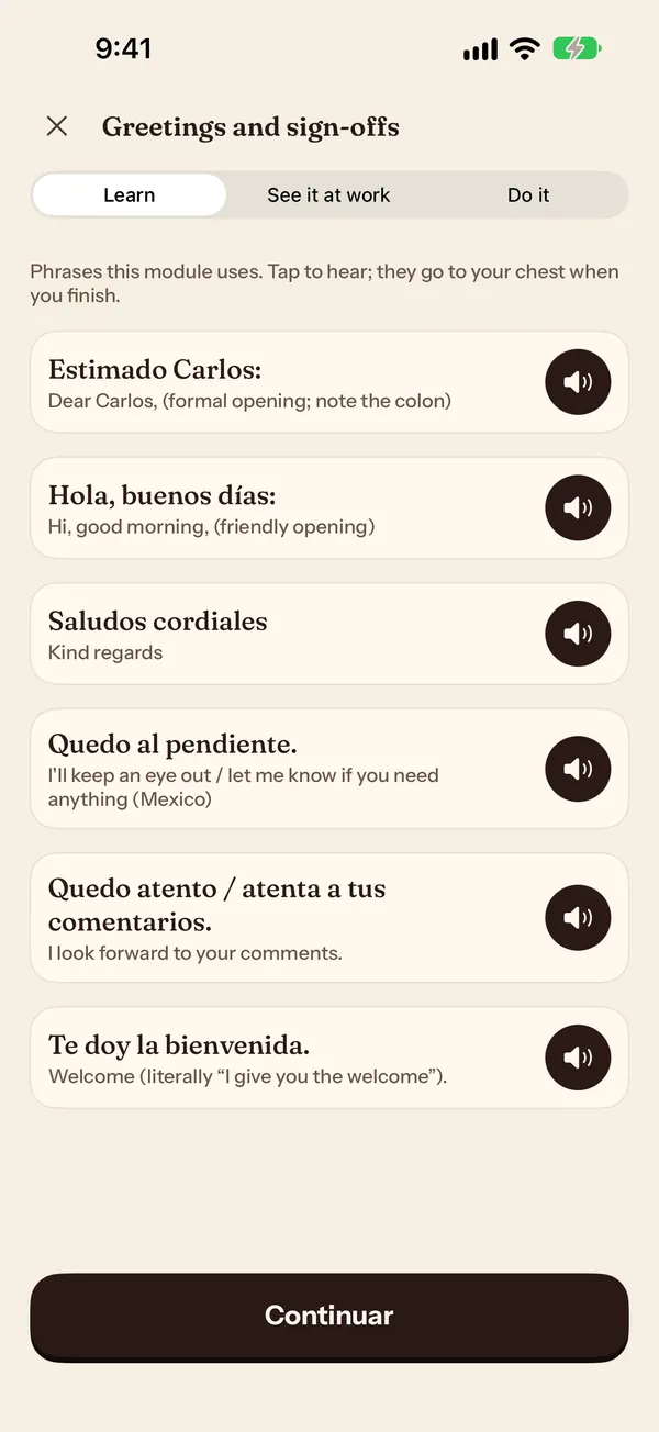 Soltura Ruta VA module “Greetings and sign-offs” listing Estimado Carlos, Hola buenos días, Saludos cordiales, Quedo al pendiente and Quedo atento or atenta a tus comentarios, each with an audio button.