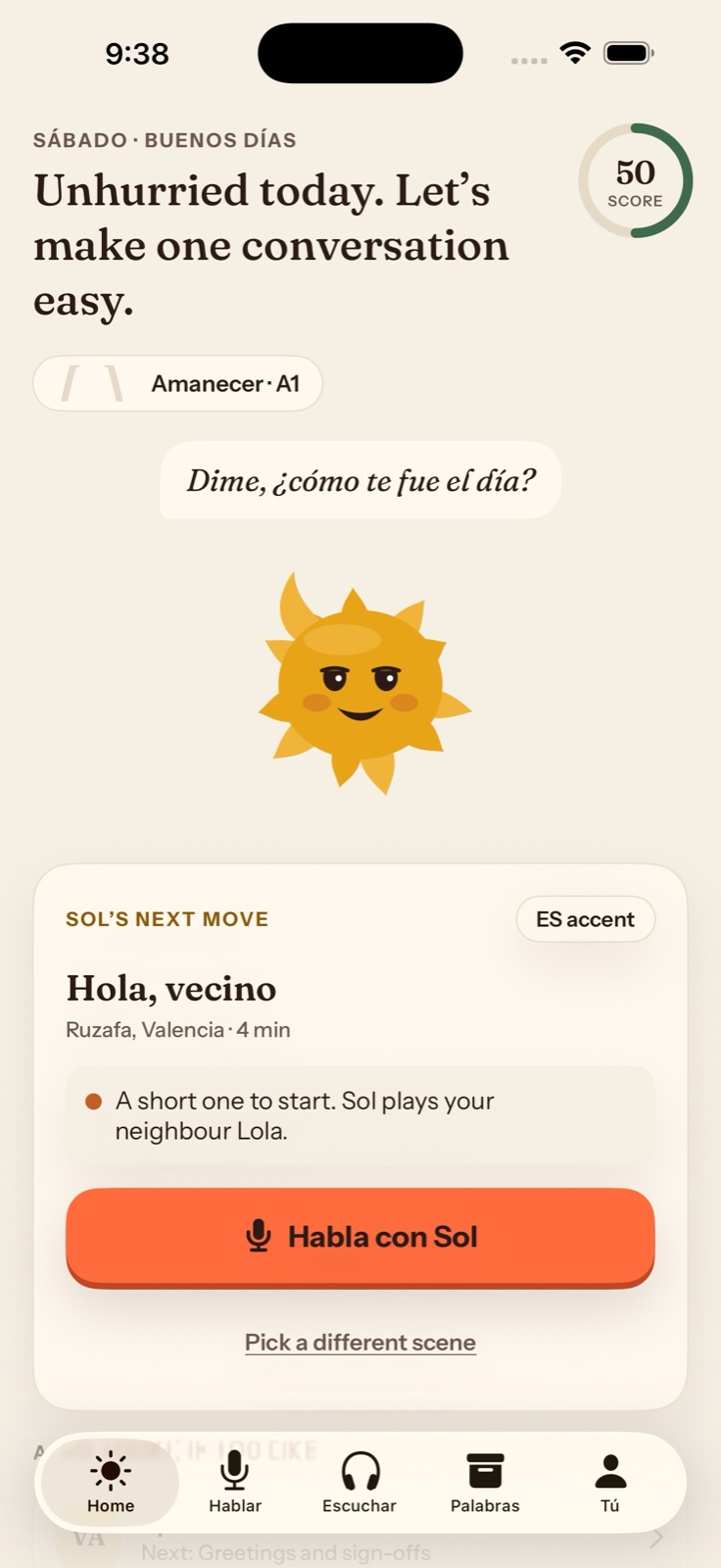 Soltura home screen with a Spanish conversation prompt and a guided scene card.