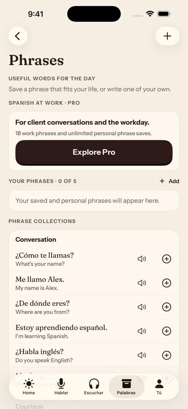 Soltura phrasebook showing useful Spanish expressions and personal phrase-saving controls.