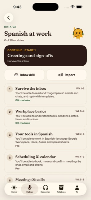 Ruta VA course screen with a Spanish-for-work roadmap and workplace lessons.